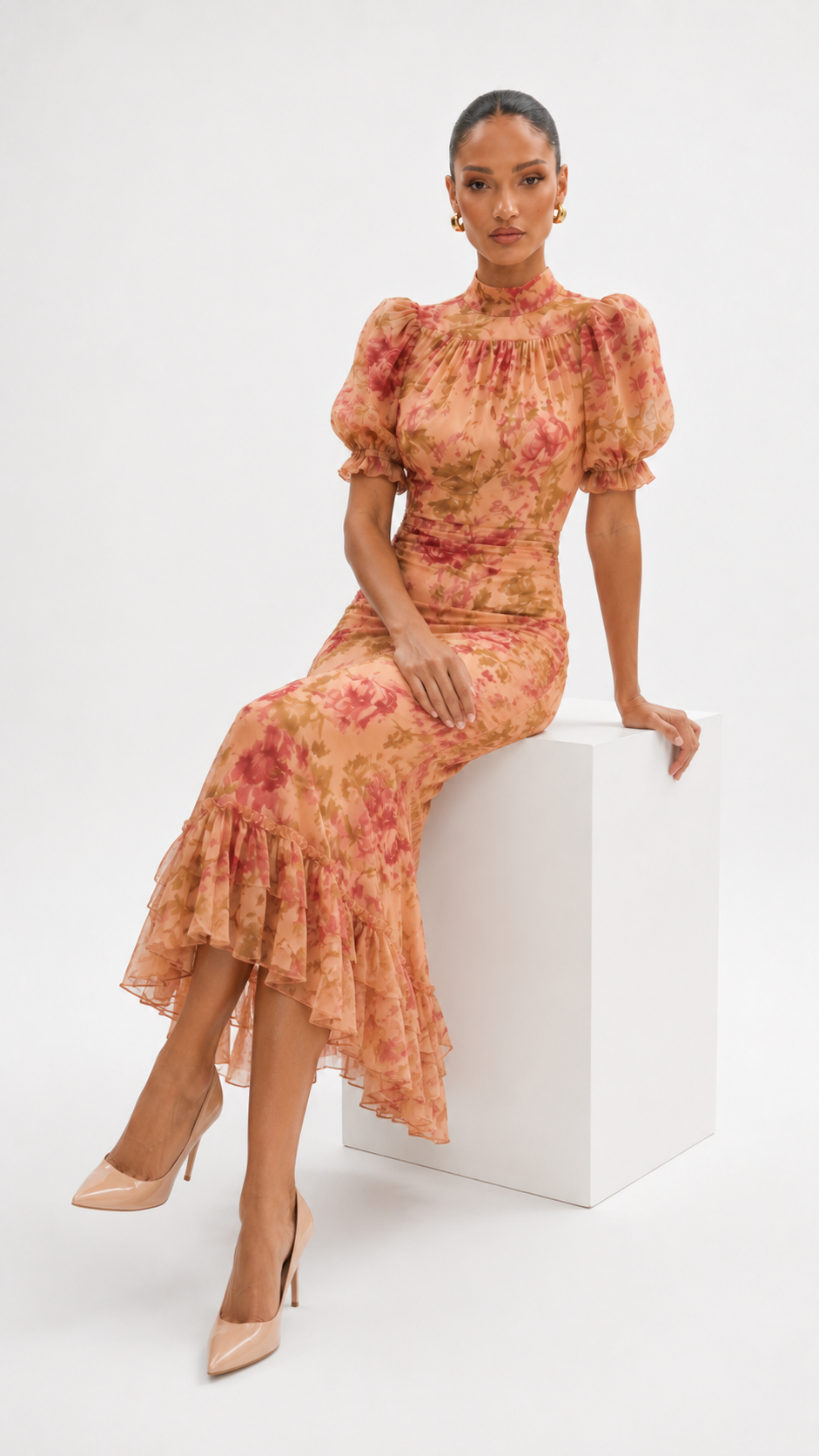Vestido midi floral – melocotón