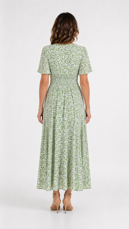 Vestido floral fluido – verde salvia