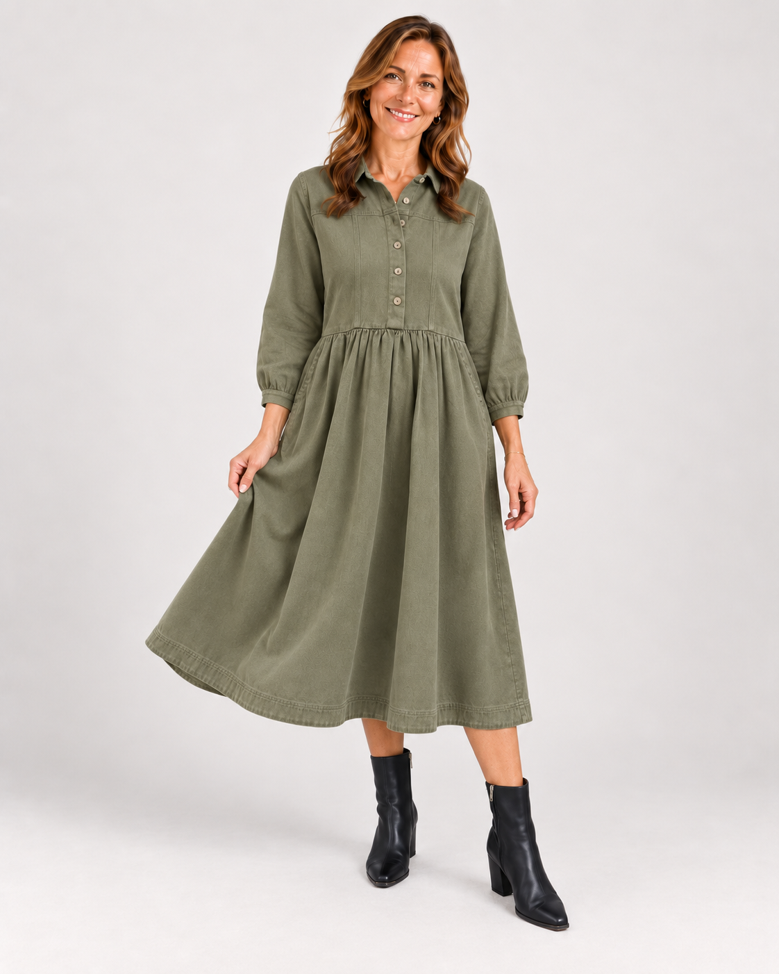 Vestido Camisero Midi Verde Oliva
