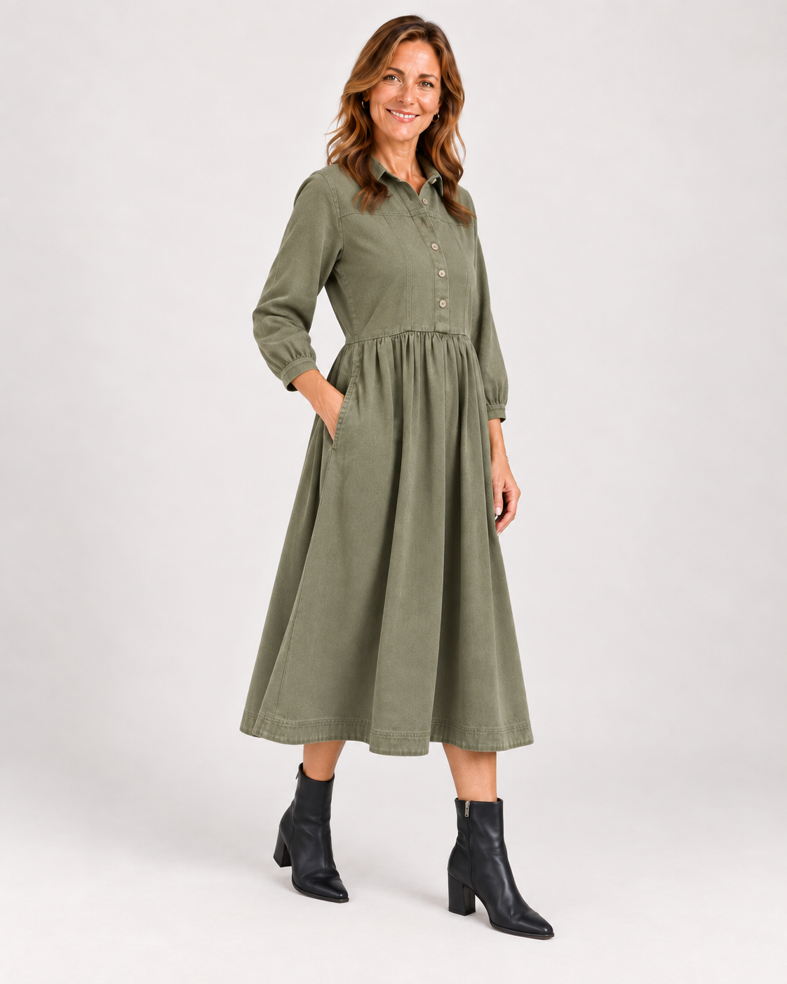 Vestido Camisero Midi Verde Oliva