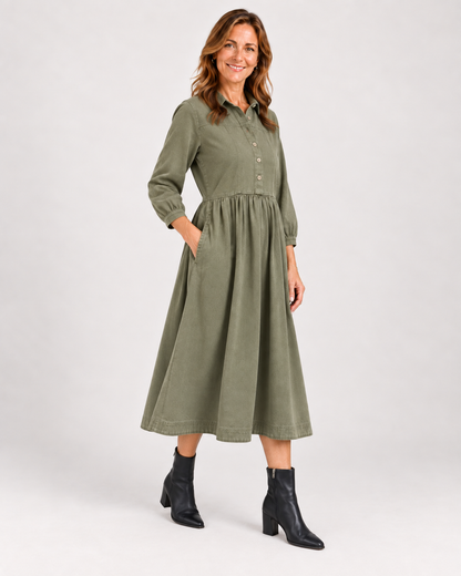 Vestido Camisero Midi Verde Oliva