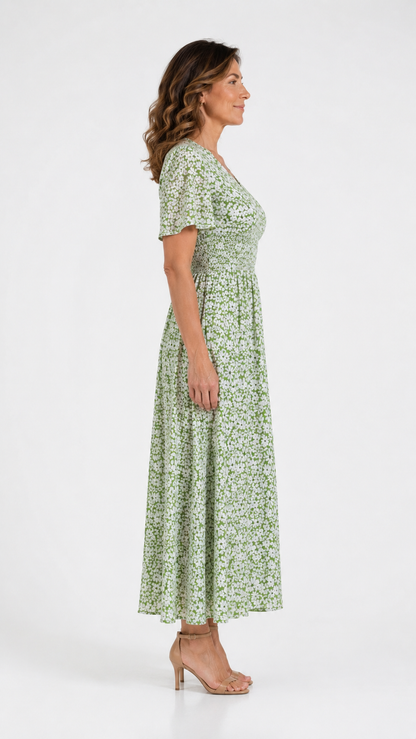 Vestido floral fluido – verde salvia
