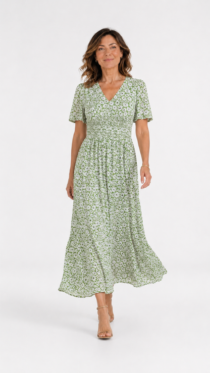 Vestido floral fluido – verde salvia