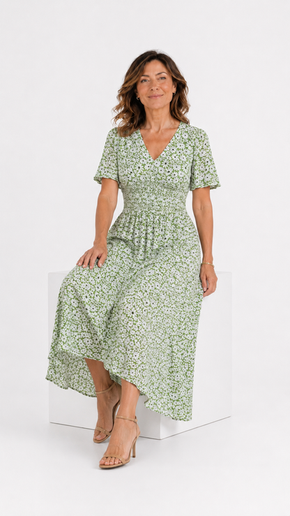 Vestido floral fluido – verde salvia
