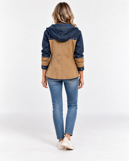Chaqueta con capucha en azul marino y camello