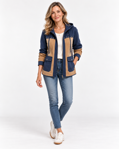 Chaqueta con capucha en azul marino y camello