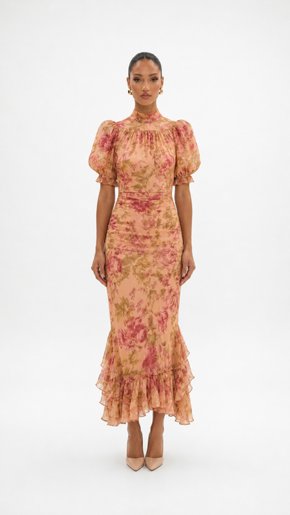 Vestido midi floral – melocotón