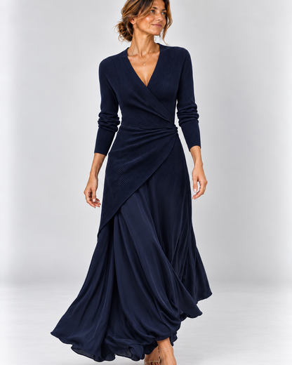 Loredana | Vestido Maxi Asimétrico con Escote en V y Paneles de Satén Azul Marino