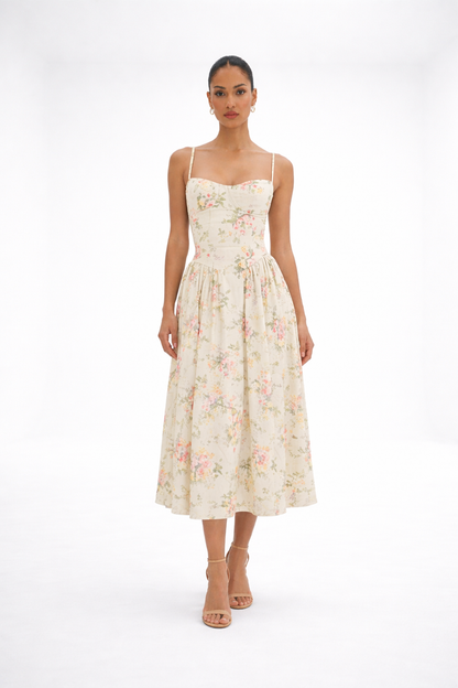 Vestido midi floral – beige