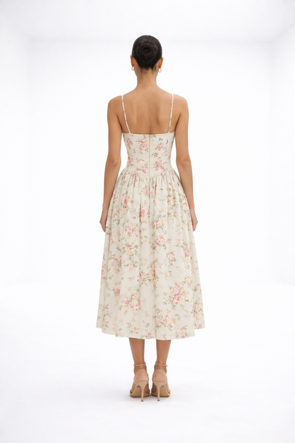 Vestido midi floral – beige