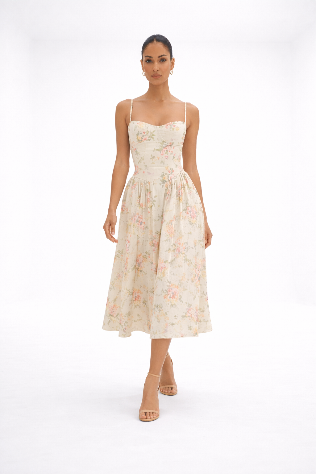 Vestido midi floral – beige