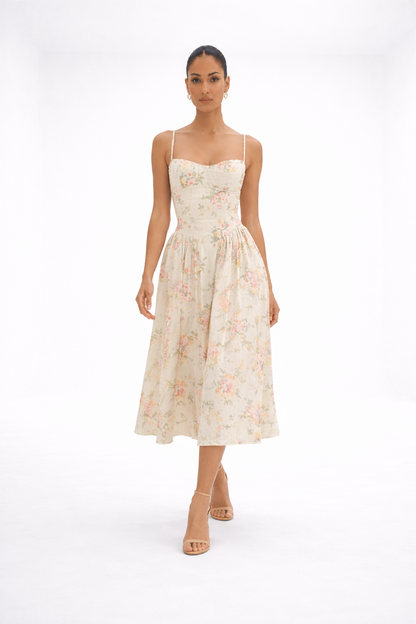 Vestido midi floral – beige